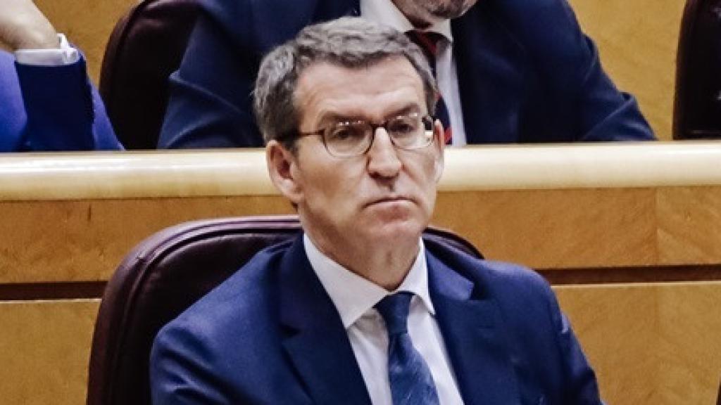 El presidente del PP, Alberto Núñez Feijóo, observa al presidente del Gobierno, Pedro Sánchez, durante su comparecencia en el pleno del Senado de este martes.