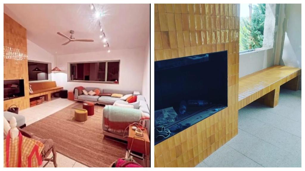 El salón destaca por la chimenea inspirada en los años 70.