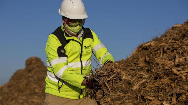 Un operario de Ence manipulando biomasa