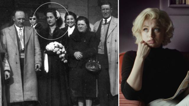 A la izquierda, boda por poderes de Maruja Álvarez Merino el 16 de enero de 1954 en Guardo; a la derecha, Ana de Armas en un fotograma promocional de la película 'Blonde'