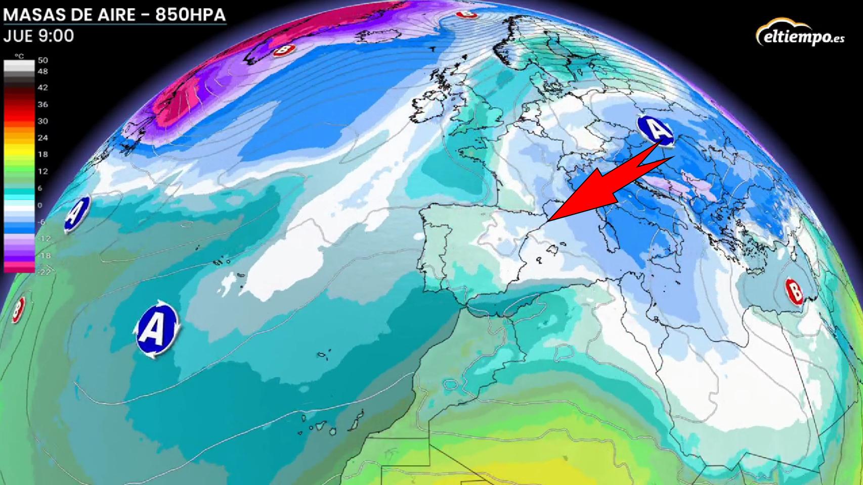 Las masas de aire frío procedentes de Europa que afectarán a España. ElTiempo.es.