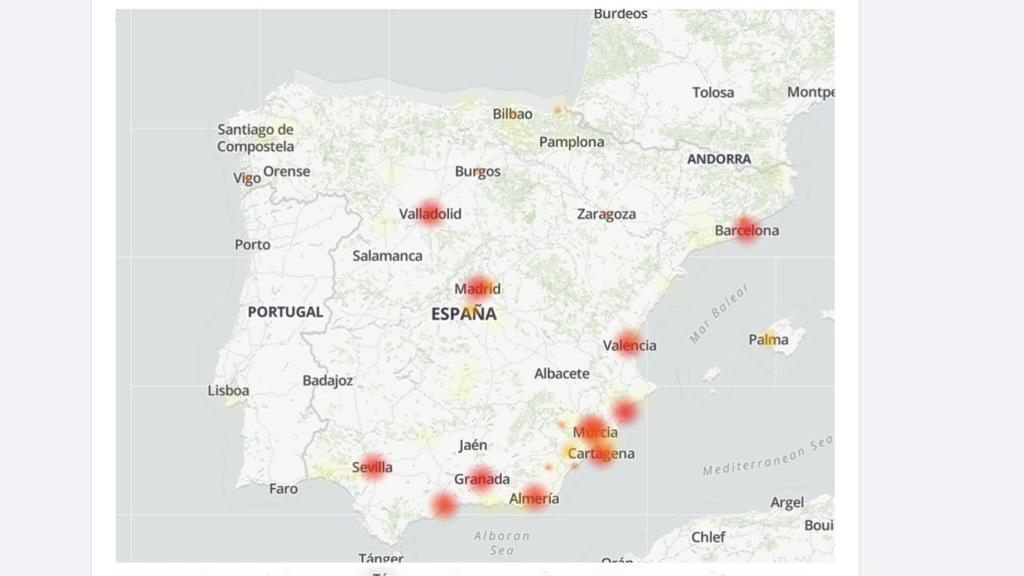Mapa de fallos de Downdetector.