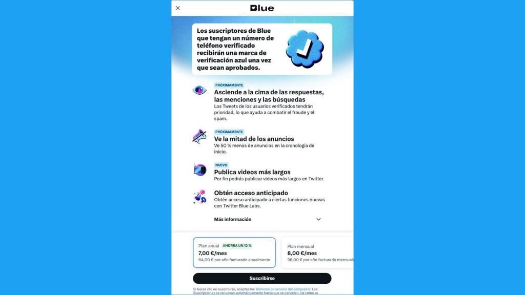 Twitter Blue y su panel de suscripción.