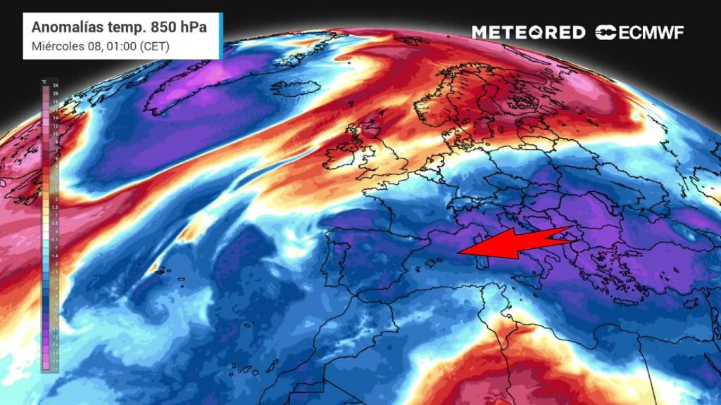 Las masas de aire frío impulsadas sobre España por la borrasca Isaack. Meteored.