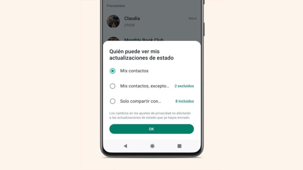 Selector de privacidad de estados en WhatsApp
