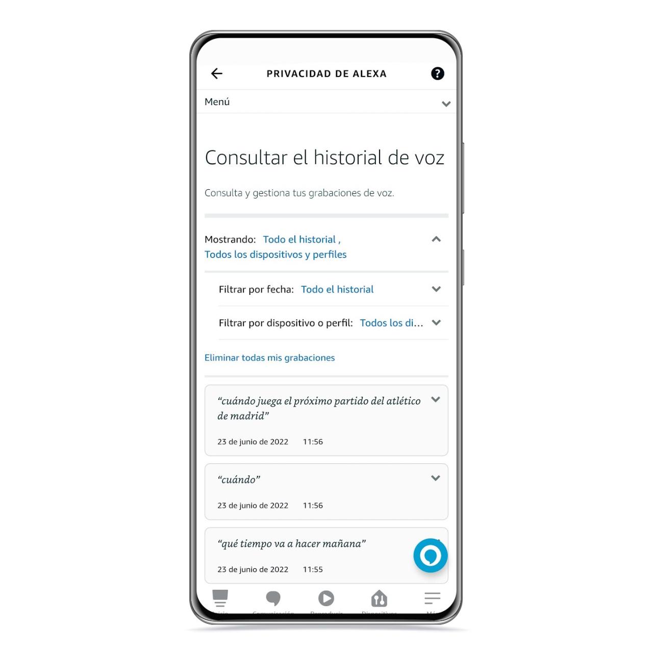 Consultar el historial de voz de Alexa