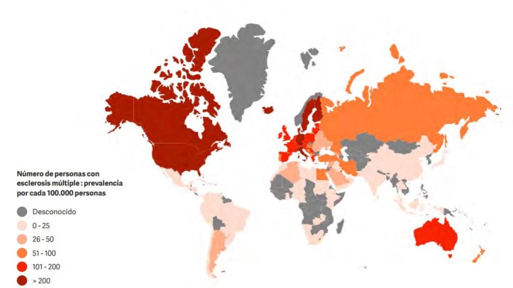 Prevalencia de la esclerosis múltiple en el mundo.