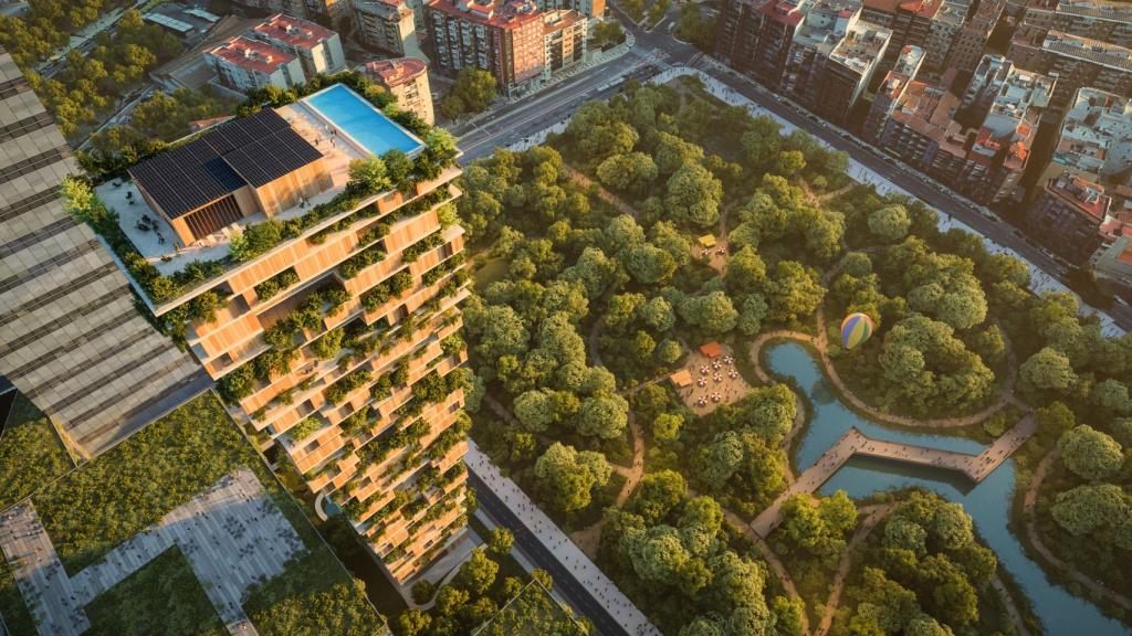Infografía de la torre de 32 plantas diseñada por BIG, con el parque al fondo.