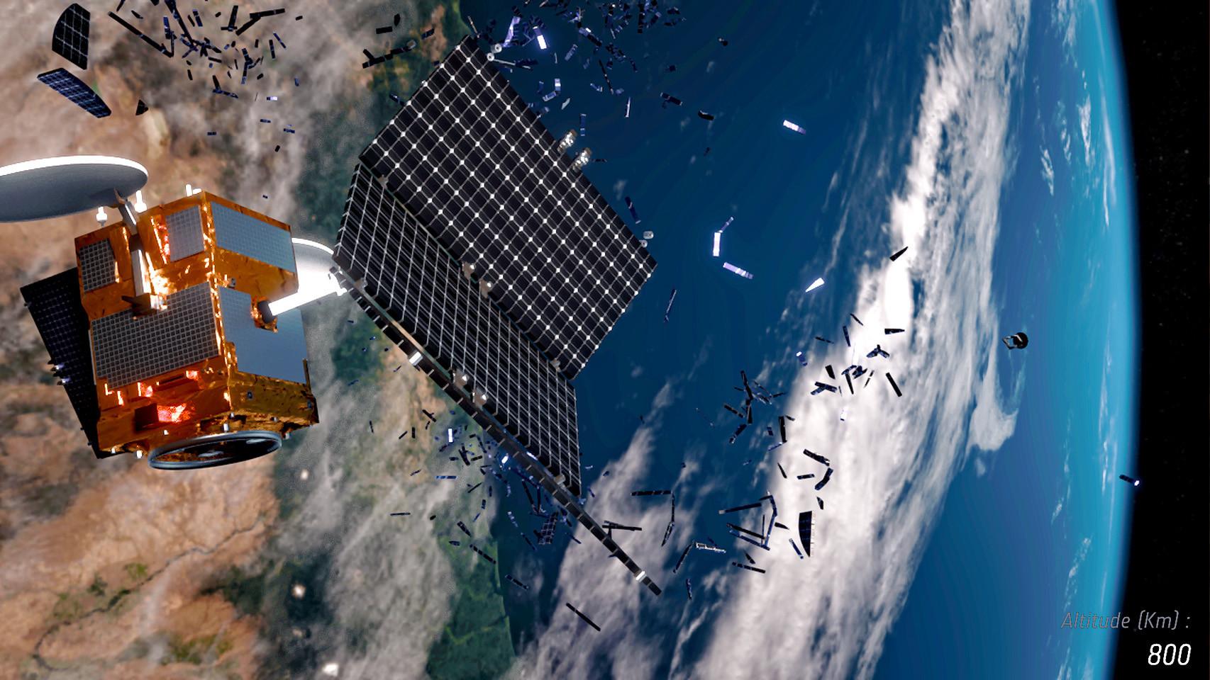 Ilustración de un satélite destruyéndose.