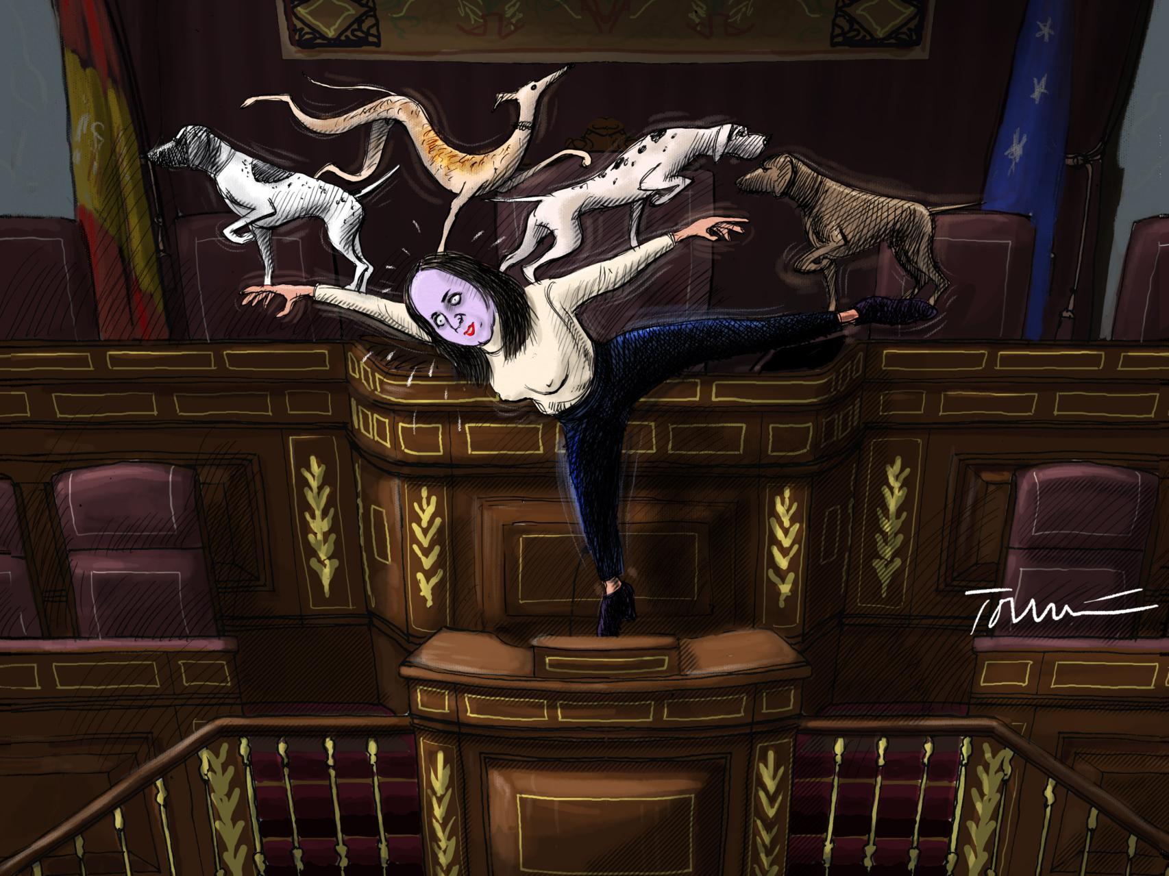 Ione Belarra, en la viñeta, haciendo equilibrio con los galgos.