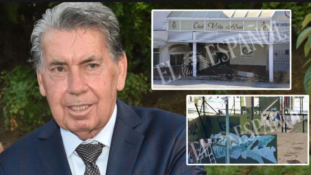 El legendario y malogrado tenista Manolo Santana en un montaje de EL ESPAÑOL junto a dos imágenes del estado actual de su club de tenis en Madrid.