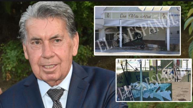 El legendario y malogrado tenista Manolo Santana en un montaje de EL ESPAÑOL junto a dos imágenes del estado actual de su club de tenis en Madrid.