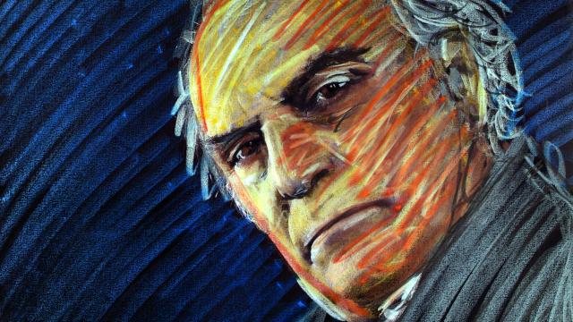 Autorretrato de Carlos Saura. Fotografía intervenida con ceras y pintura acrílica. @fotosaurios