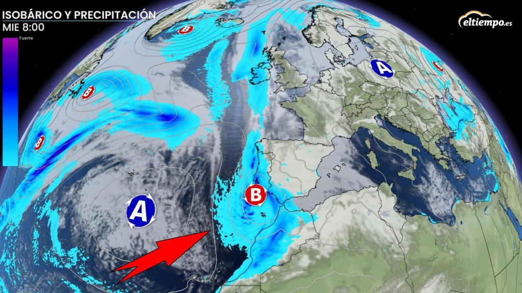 La aproximación de la borrasca fría en dirección hacia España. ElTiempo.es