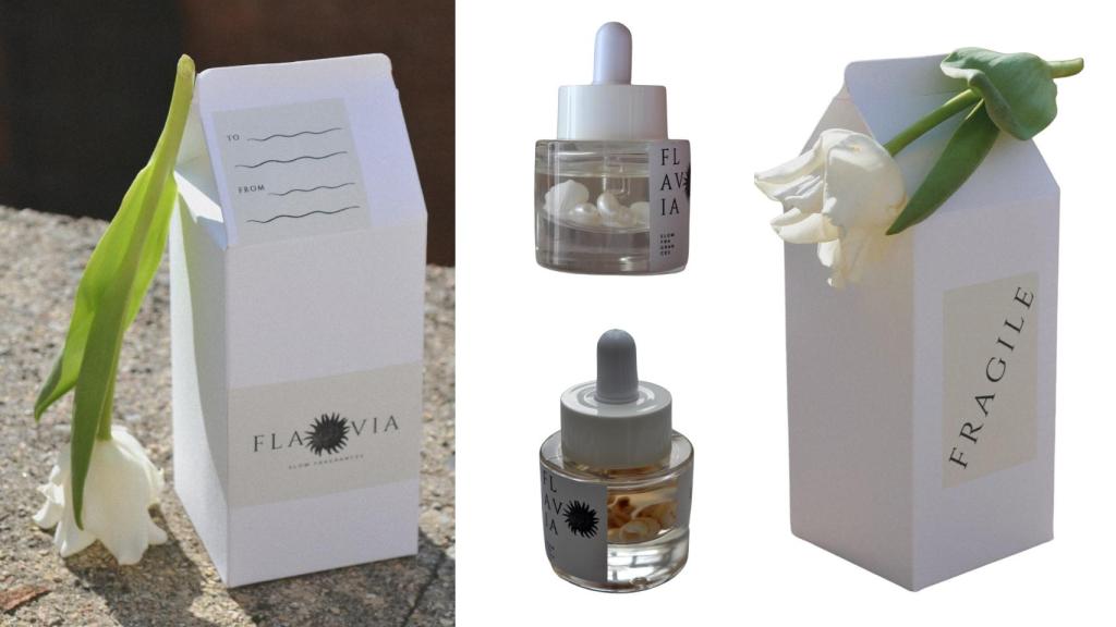 Los productos de Flavia Slow Fragances vienen en una original 'caja' en forma de tetra brick.