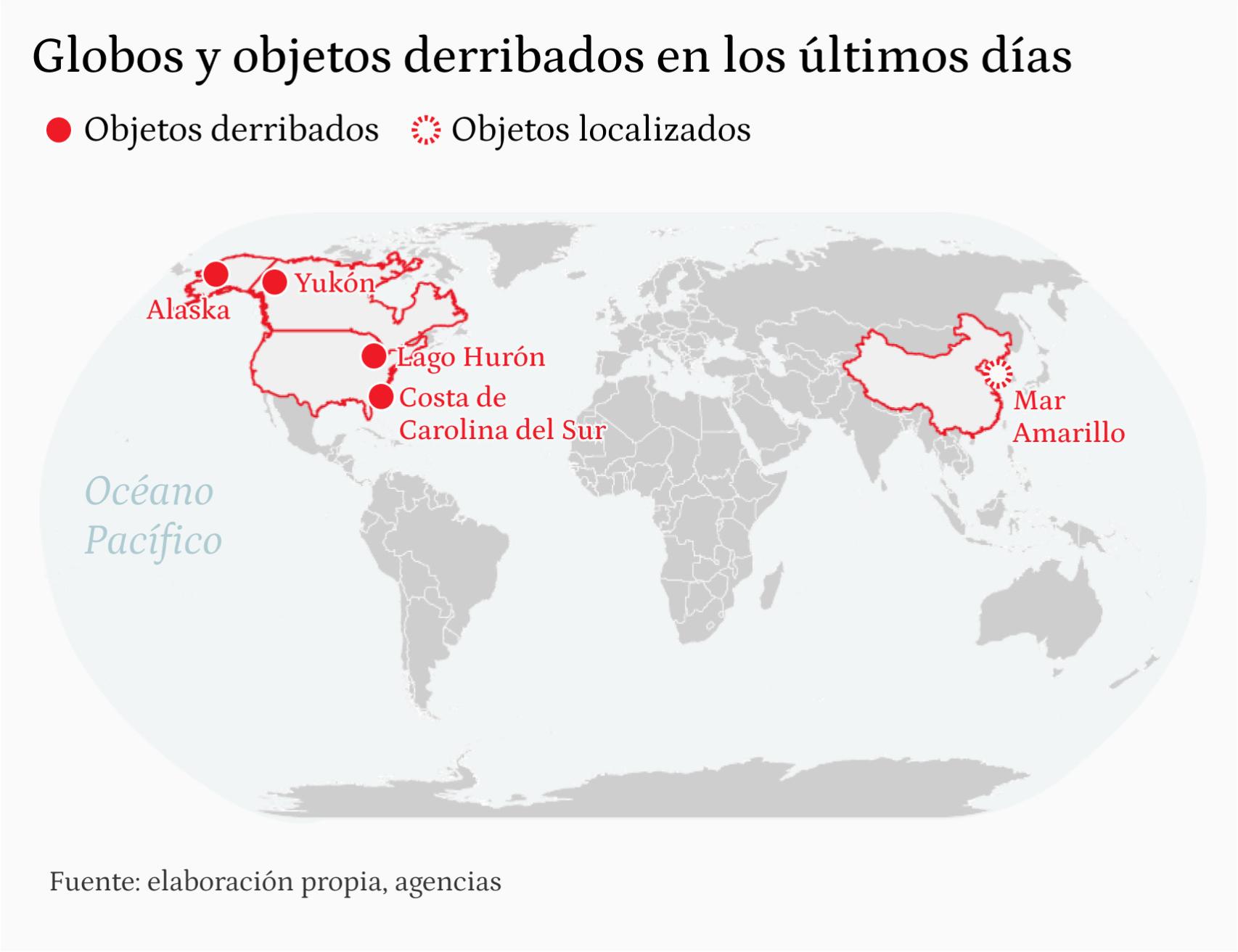 Mapa de los globos y objetos derribados en los últimos días.