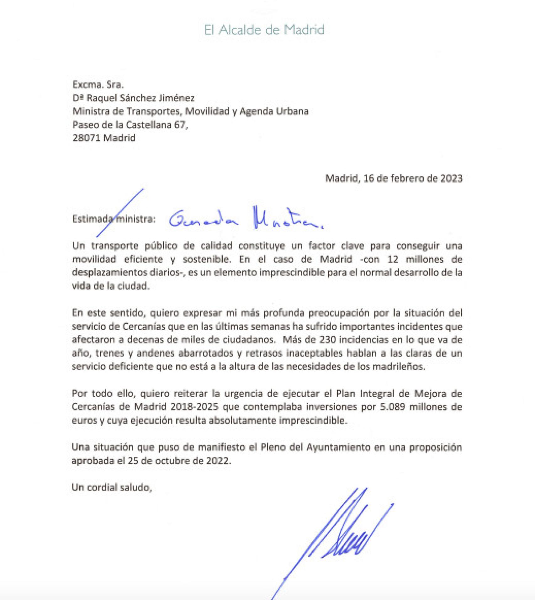 Carta enviada por el alcalde a la ministra.