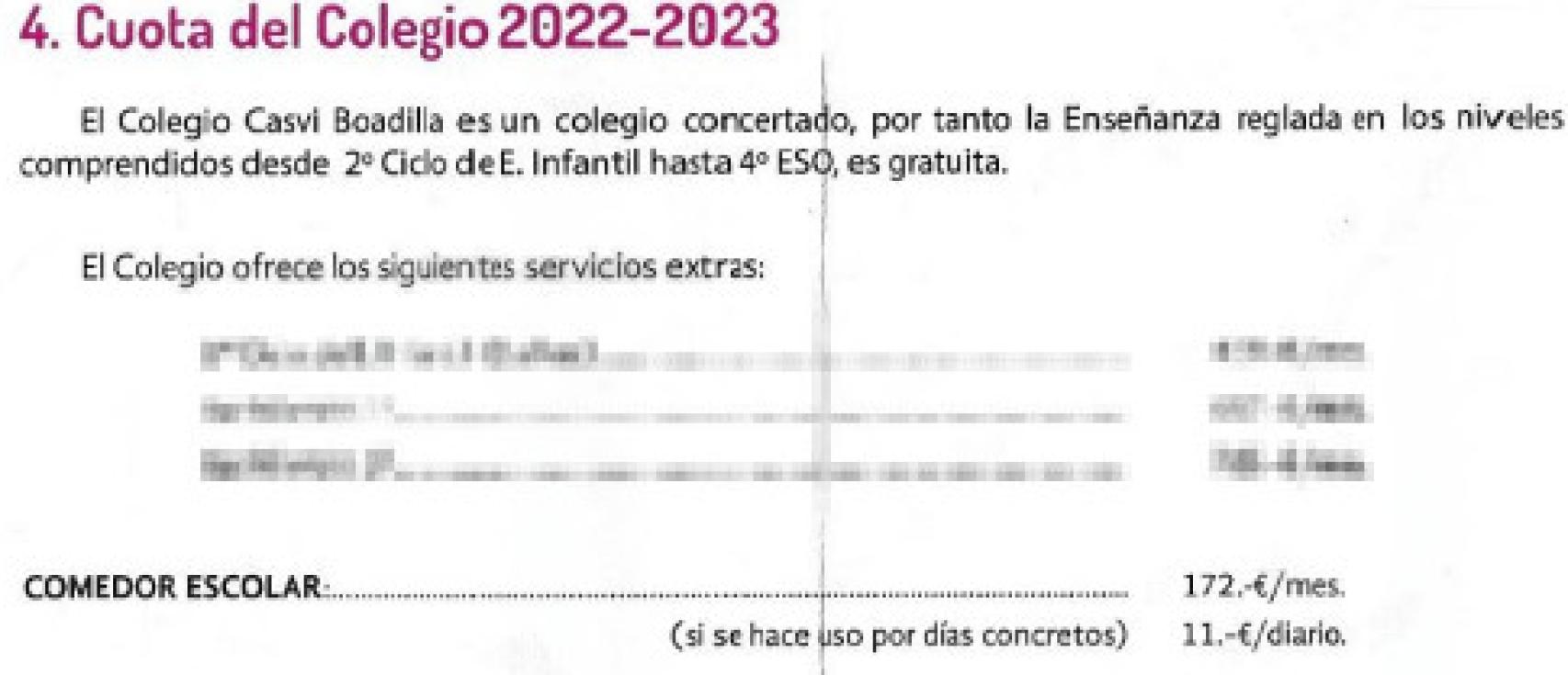 Cuota del comedor escolar en el curso actual 2022/23. El vale diario tiene el mismo precio para todos los meses.