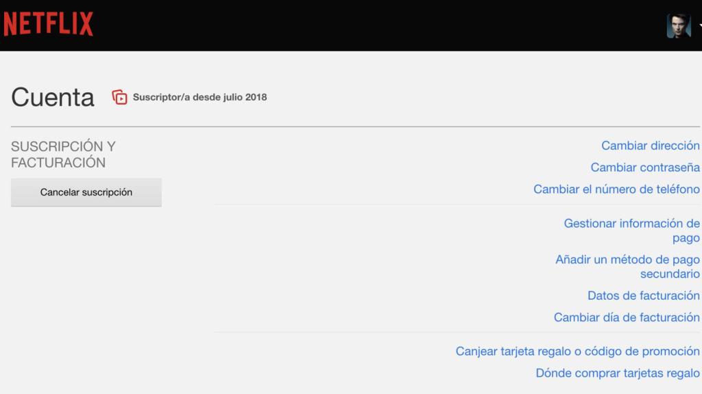 Pantalla de opciones dentro del apartado Cuenta en Netflix.