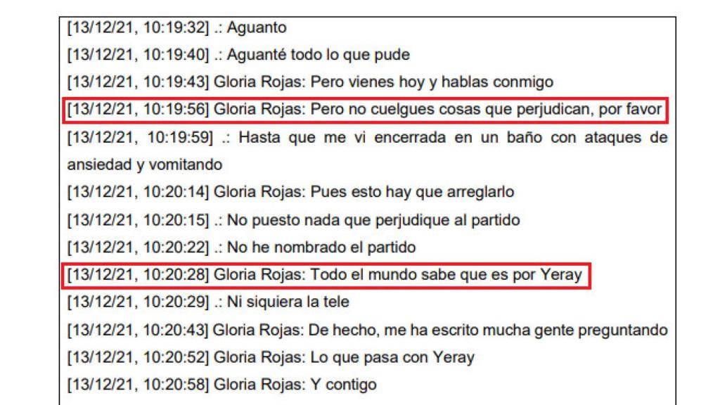 Informe informático que analiza las conversaciones entre Dunia y Gloria Rojas.