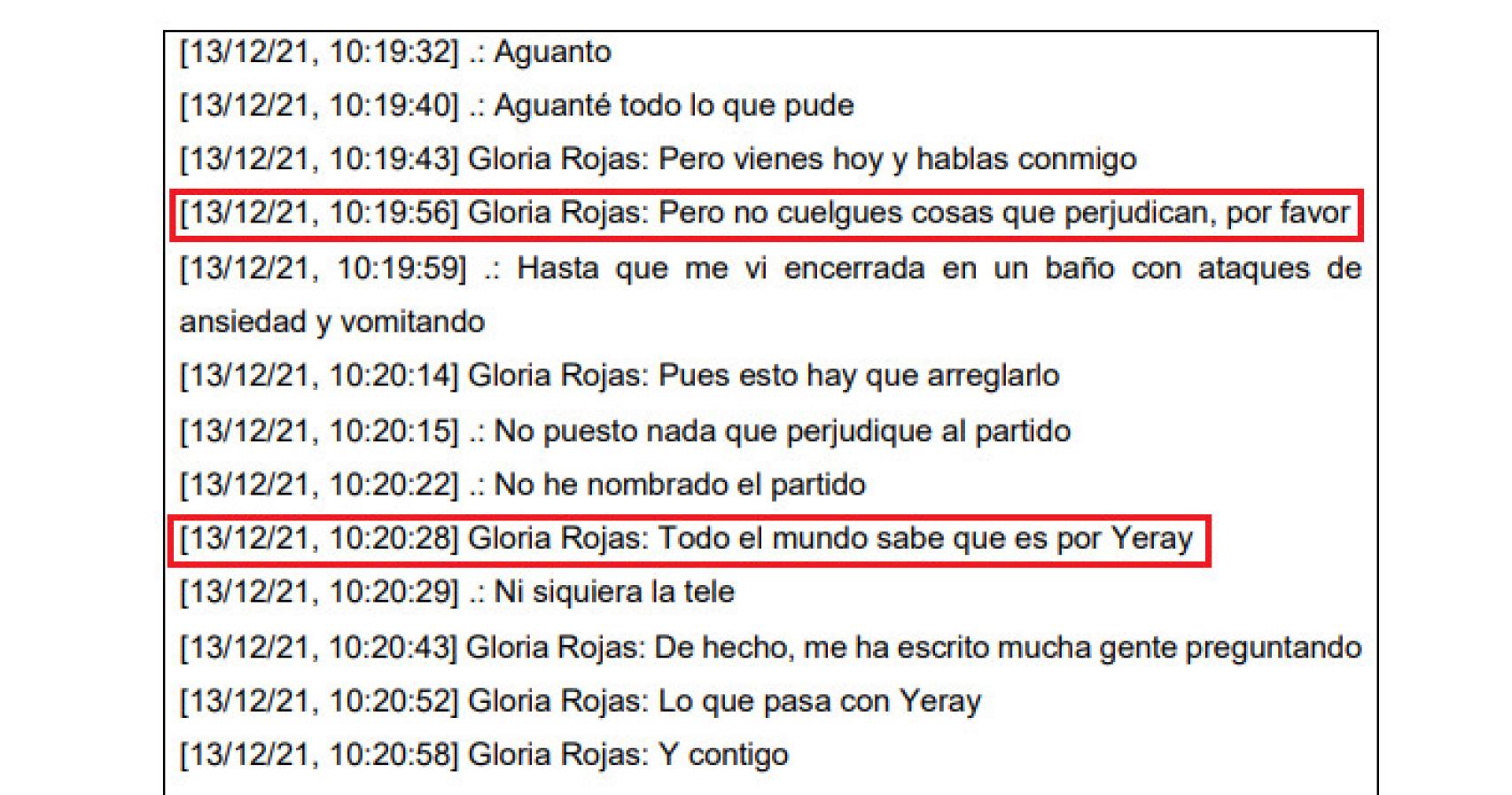 Informe informático que analiza las conversaciones entre Dunia y Gloria Rojas.
