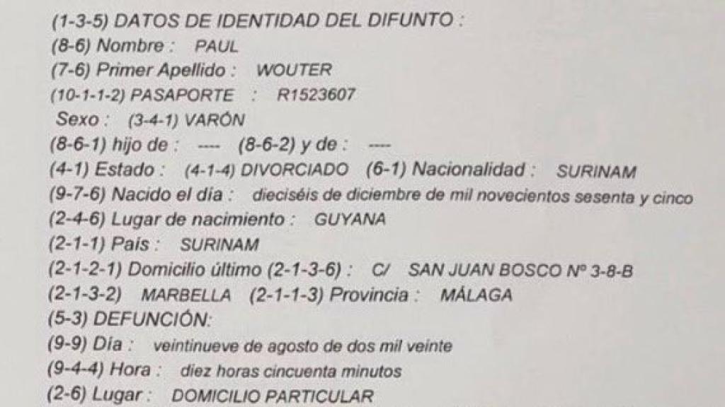 Acta de defunción falsificada en España de Sergio Roberto de Carvalho.