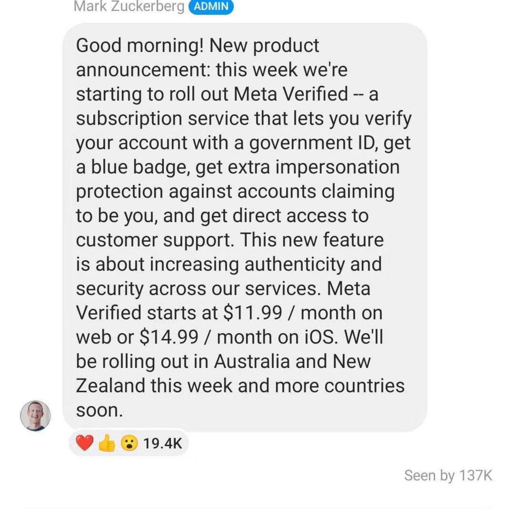 Anuncio de Mark Zuckerberg de Meta Verified