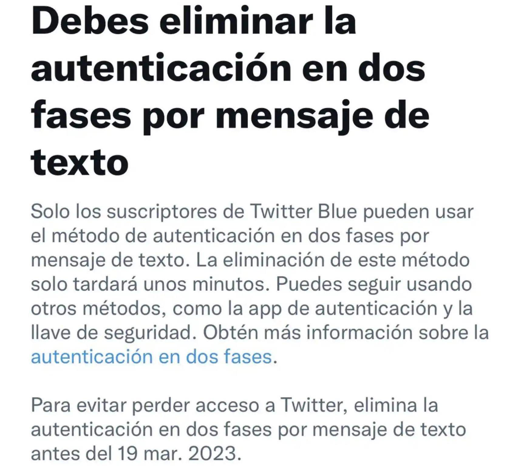 El mensaje de Twitter que avisa de la eliminación de la autenticación en dos fases