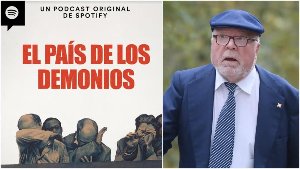 Imagen del pódcast sobre Villarejo, y el propio ex comisario ante la Audiencia Provincial de Madrid.