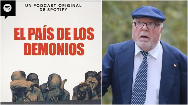 Imagen del pódcast sobre Villarejo, y el propio ex comisario ante la Audiencia Provincial de Madrid.