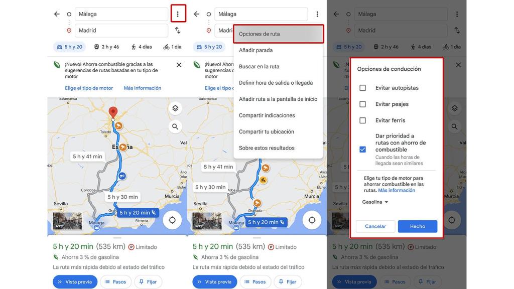 Opciones de ruta.