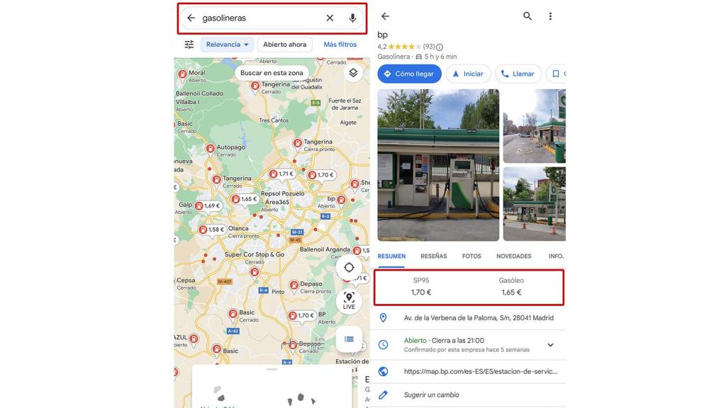 Gasolineras en Maps-