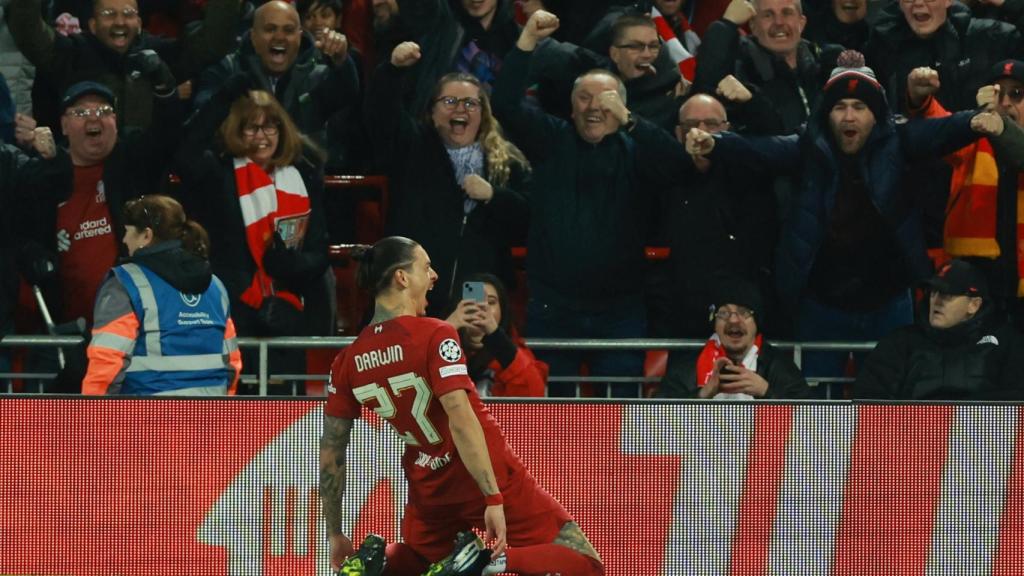 Darwin Nuñez, celebrando su gol con el Liverpool al Madrid en la Champions League 2022/2023