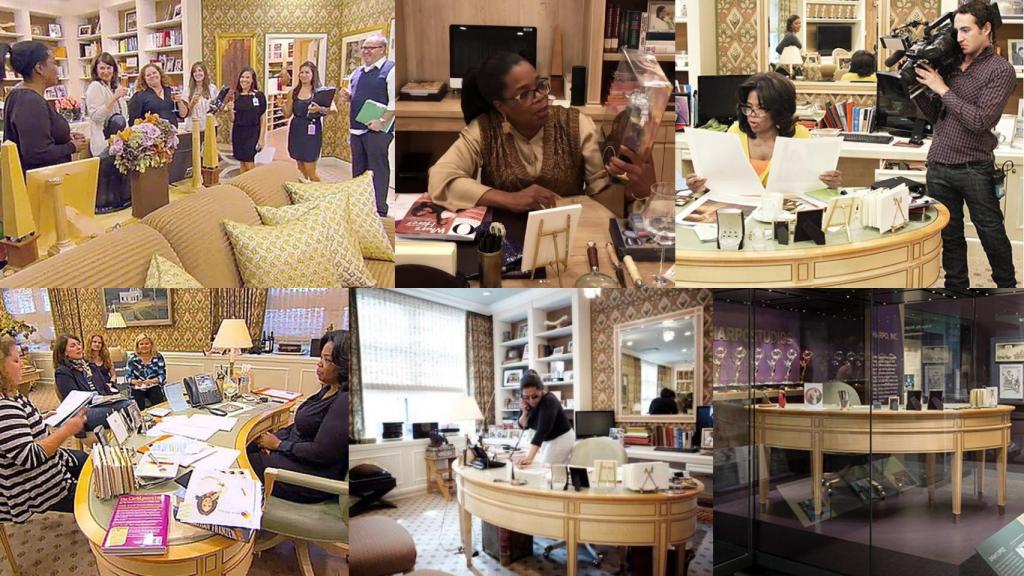 Oprah, fotografiada en distintos momentos, y la mesa de su despacho, en la exposición.