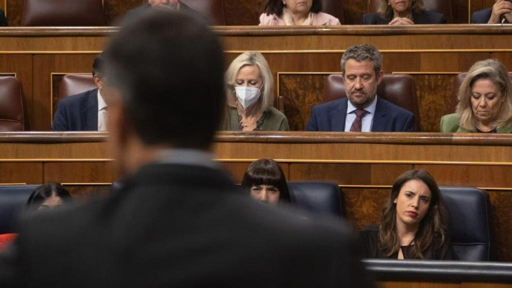 Irene Montero observa a Pedro Sánchez durante su intervención en una sesión plenaria en el Congreso de los Diputados, el pasado 30 de noviembre.