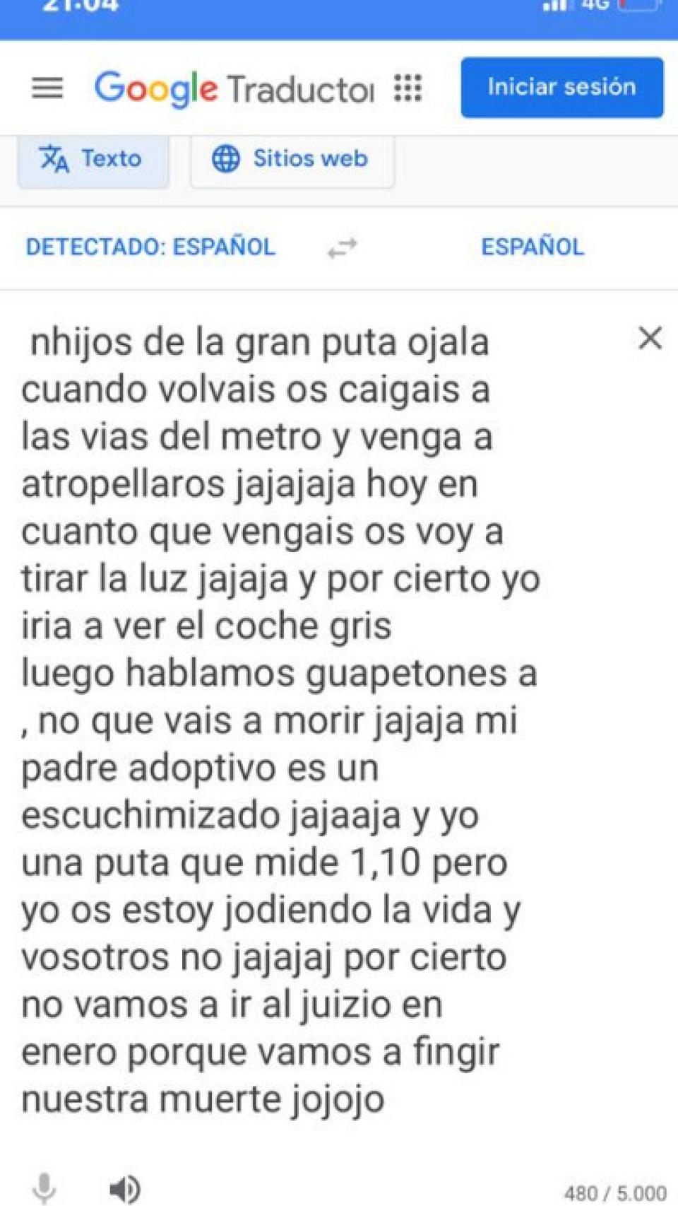 Una de las amenazas recibidas por la familia de Carlos a través del traductor de Google.