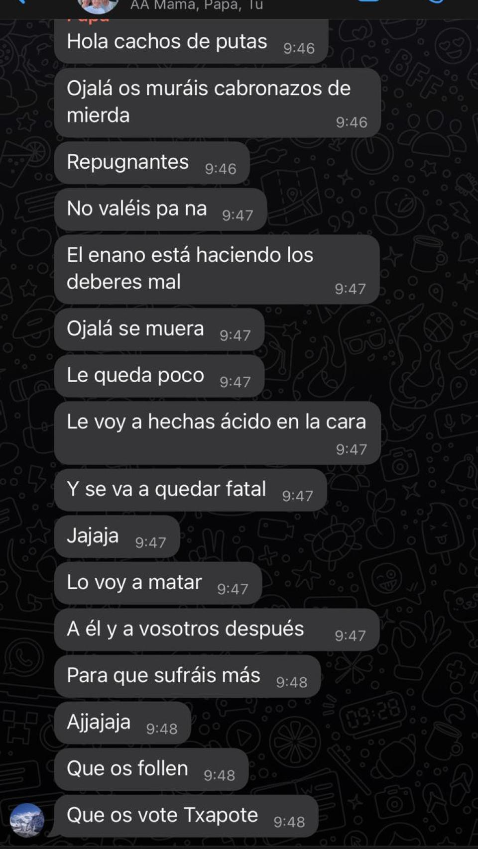 Captura de mensajes amenazantes enviados al grupo que la familia tiene en Whatsapp.