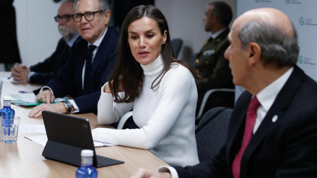 La reina en la mesa de trabajo junto con la directiva de la AECC.