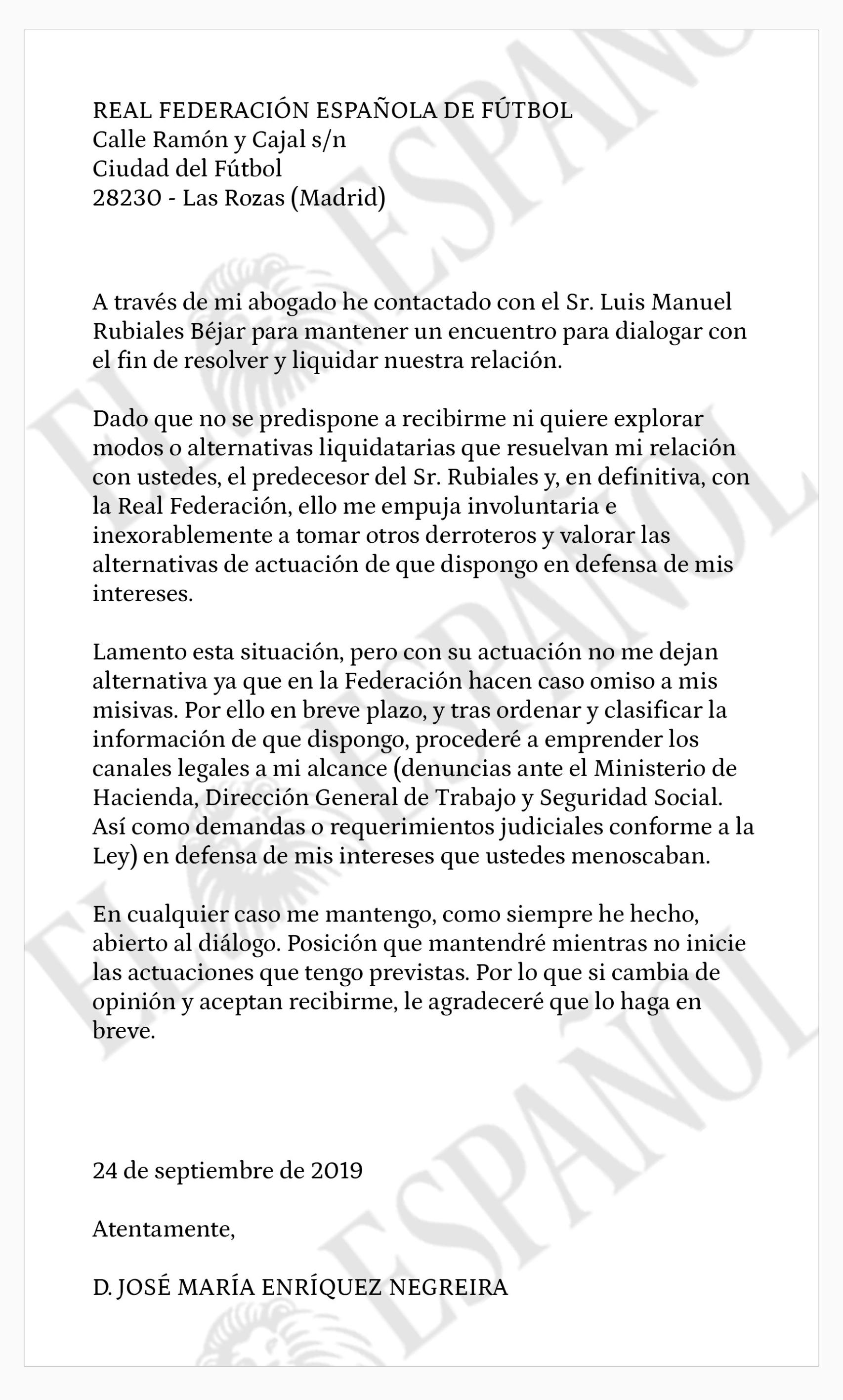 Burofax de Enríquez Negreira a la Real Federación Española de Fútbol