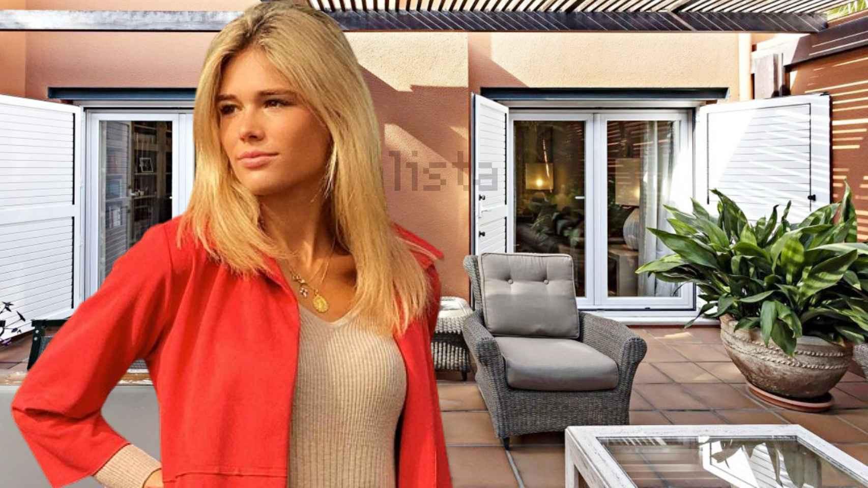La joven Ana Soria, pareja de Enrique Ponce, en un montaje de EL ESPAÑOL junto a la casa que su familia puso a la venta en febrero de 2021.