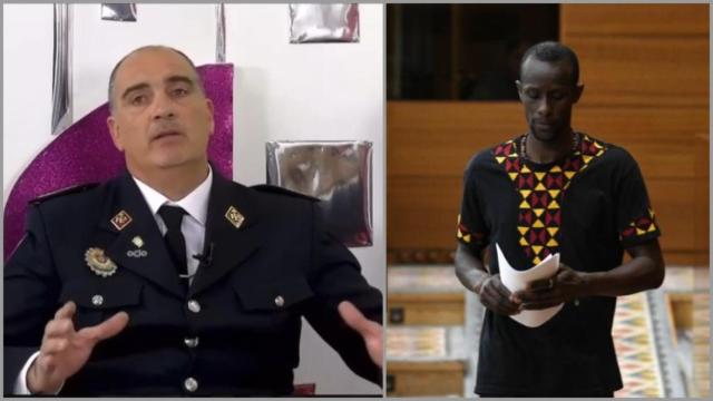 José Tomás García, jefe accidental de la Policía Local de San Javier, y Serigne Mbayé, diputado de Podemos en la Asamblea de Madrid y portavoz del sindicato de manteros.