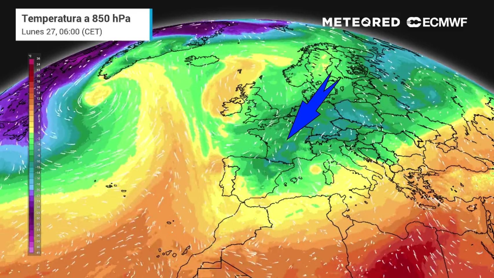 La nueva masa de aire frío continental entrando en España. Meteored.