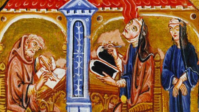 Iluminación de un manuscrito en la que Hildegarda dicta sus visiones al monje Vomar. Biblioteca Statale, Lucca, siglo XIII.