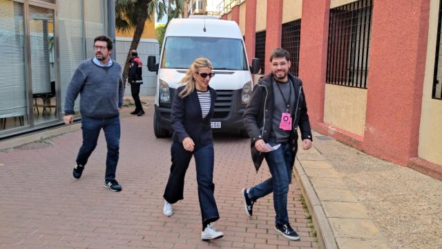 La vicepresidenta del Gobierno, Yolanda Díaz, este sábado, a su llegada a la Universidad de Murcia para presentar Sumar.