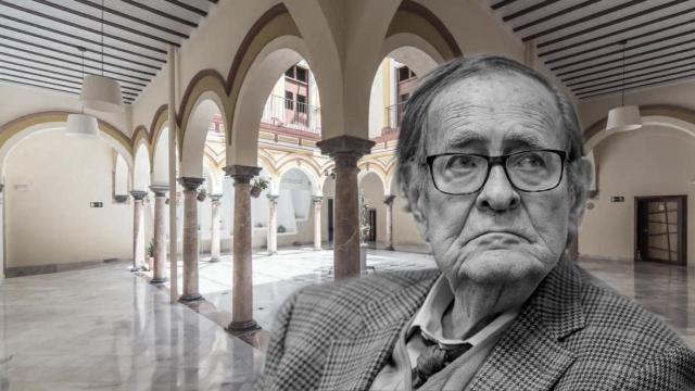 Imagen de Ramón Tamames sobre una fotografía actual del patio del Hotel Palacio Marqués de Arizón.