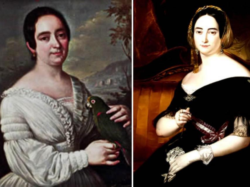 Antonio María Esquivel ratrató dos veces a Jacinta  por encargo de Espartero: a la izda. en 1847, con un loro, y a la dcha. en 1841, con la banda de la Real Orden de María Luisa y algunas de sus valiosas joyas,.