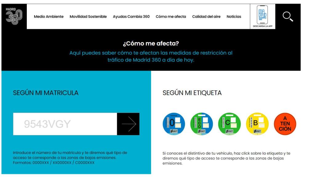 Menús para comprobar si un coche puede circular por Madrid 360 - www.madrid360.es