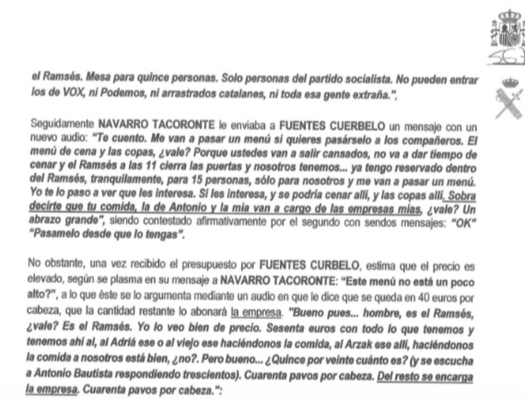 Transcripción del audio en el que el mediador avisa a Fuentes Curbelo de la cena.
