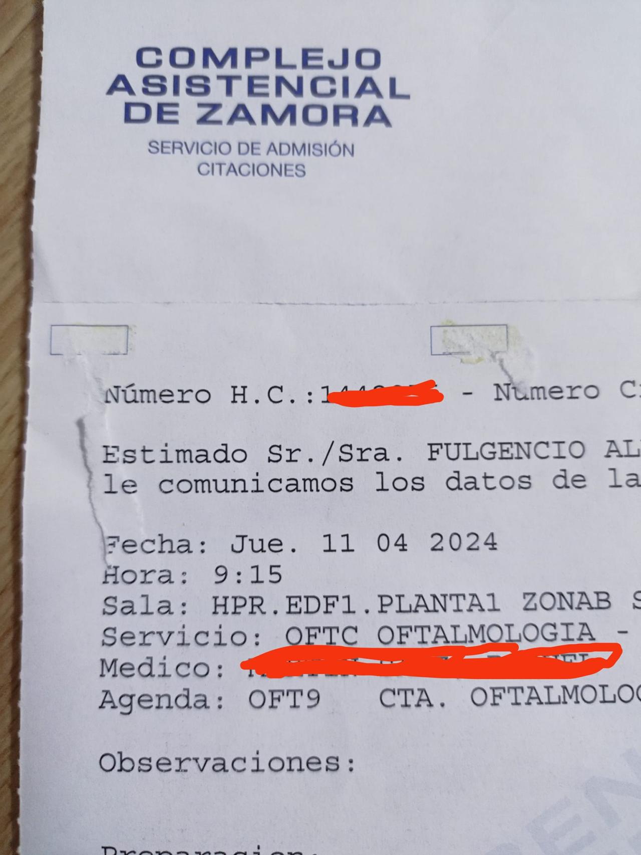 Cita para oftalmología para abril de 2024