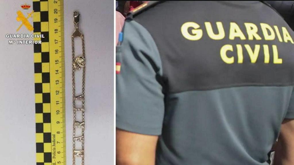 Imagen de la Guardia Civil y una de las joyas robadas
